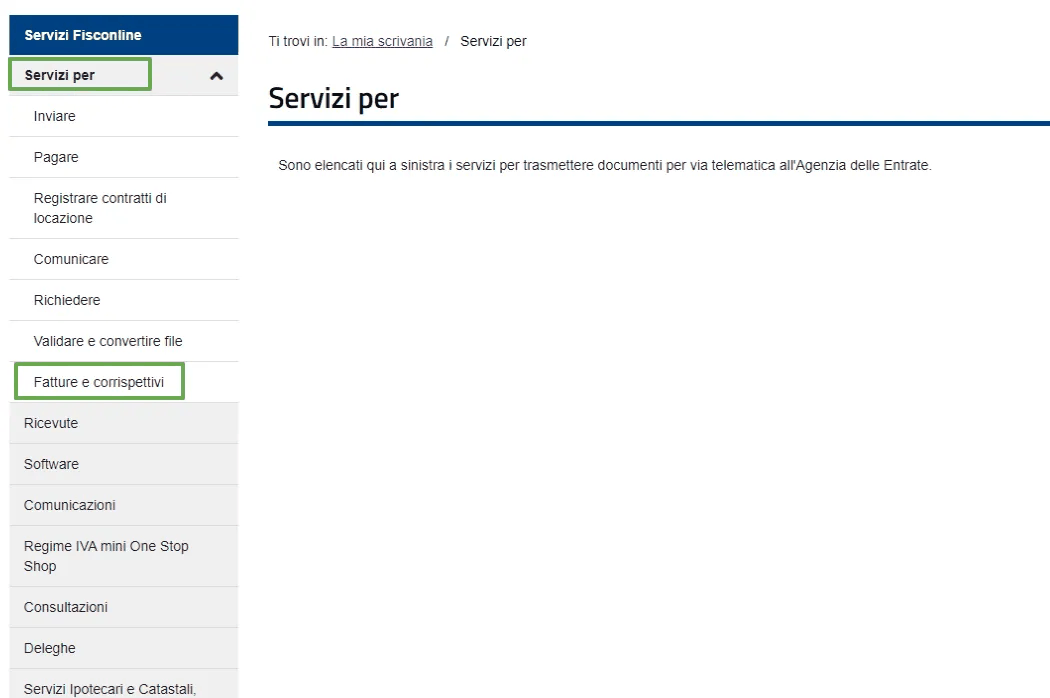 Menu dell'area riservata dell'Agenzia delle Entrate con la voce Fatture e corrispettivi evidenziata