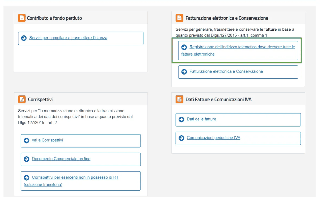 Riquadro Fatturazione elettronica e Conservazione con evidenziata la voce Registrazione dell'indirizzo telematico