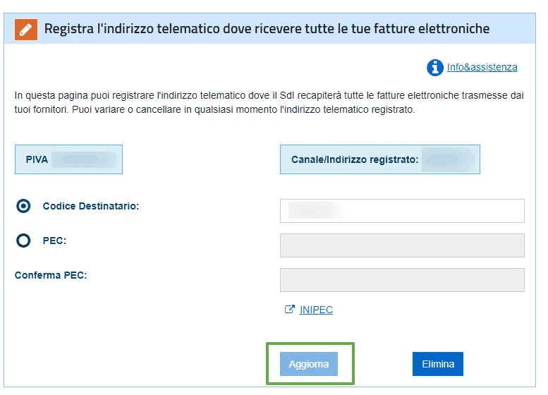 Form di registrazione dell'indirizzo telematico con l'opzione Codice Destinatario selezionata e il pulsante Aggiorna evidenziato