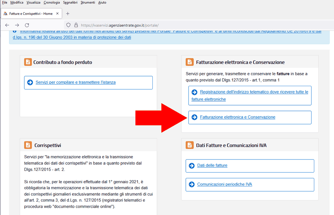 Portale Fatture e Corrispettivi con evidenziata la voce Fatturazione elettronica e Conservazione