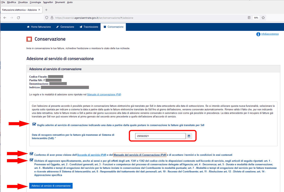 Pagina di adesione al servizio di conservazione con le tre spunte e la data di recupero retroattivo evidenziate