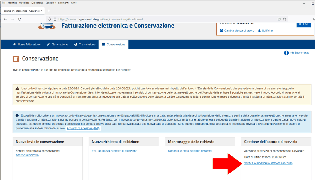 Sezione Conservazione con l'avviso di accordo scaduto e il link Verifica o modifica lo stato dell'accordo