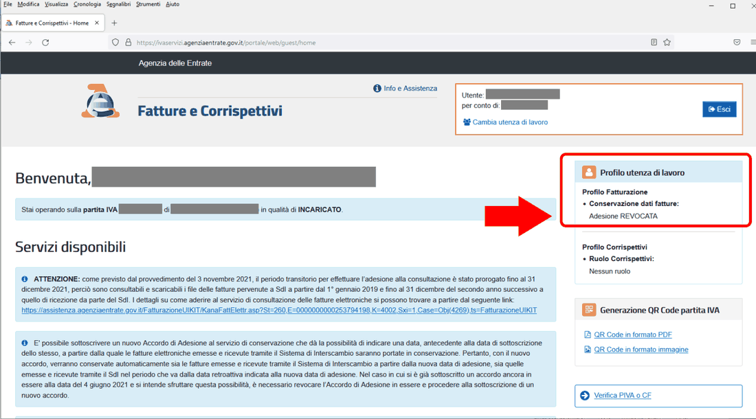 Home del portale Fatture e Corrispettivi con il profilo utenza di lavoro che segnala Adesione REVOCATA